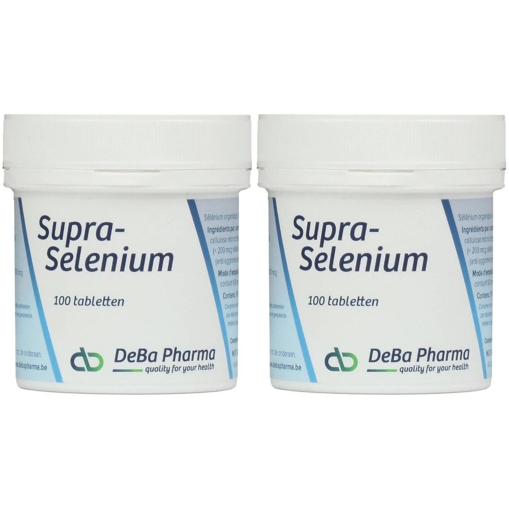 Twee witte potten met "Supra-Selenium" en "100 tabletten". Logo DeBa Pharma.