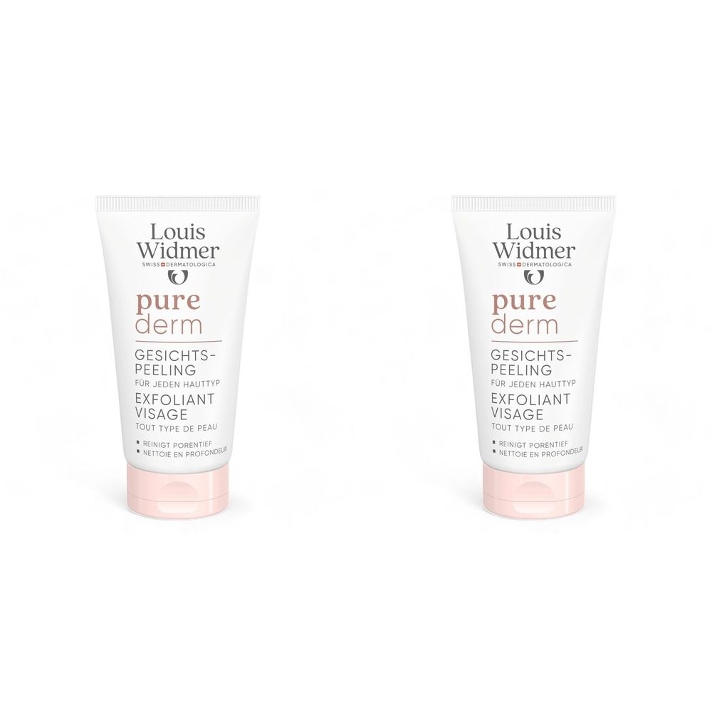 Twee tubes Louis Widmer Purederm gezichtsscrub. Wit, roze dop. Opschrift: pure derm, Exfoliant Visage.