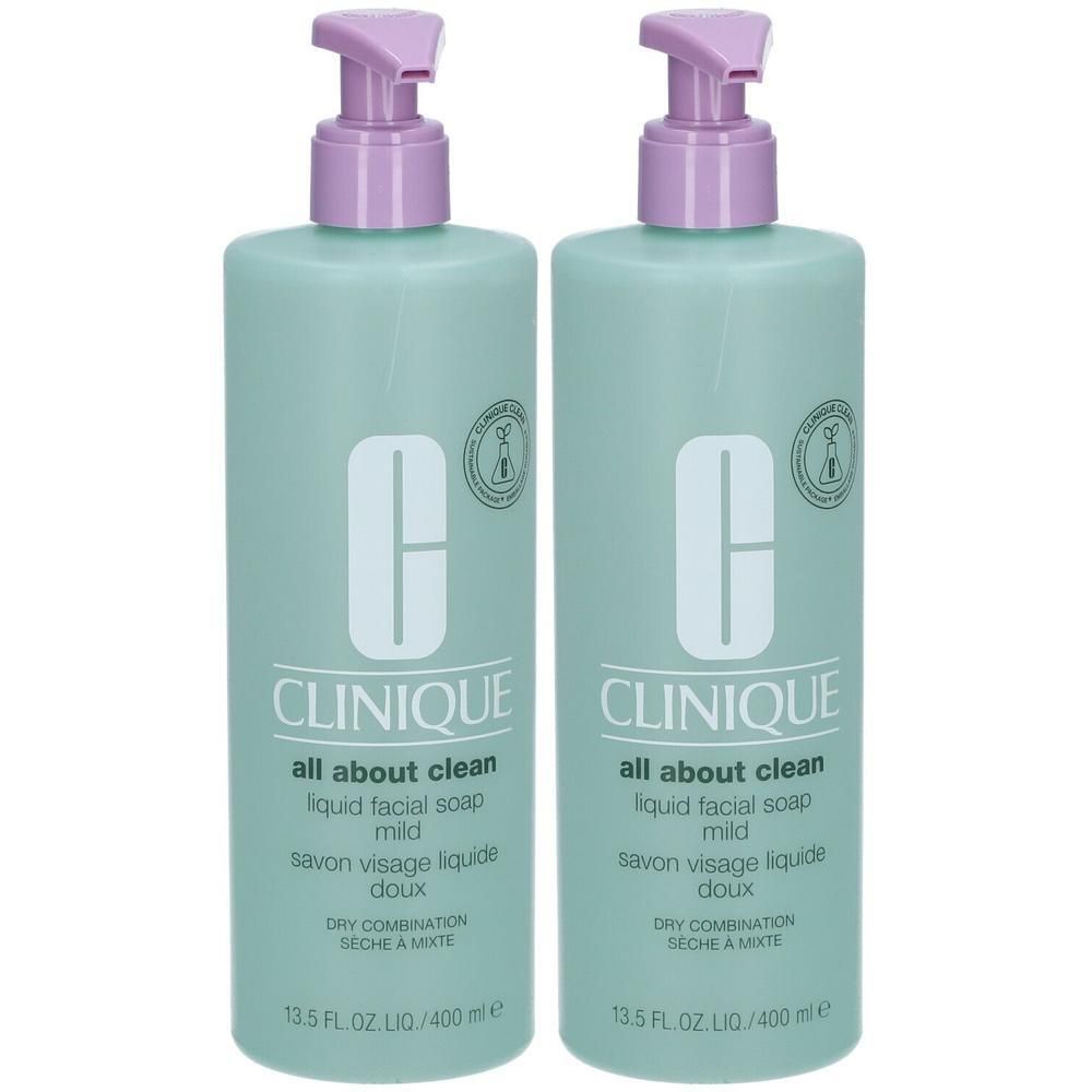 Zwei Flaschen Clinique All About Clean, flüssige Gesichtsseife, mild. Hellgrüne Flaschen mit lila Pumpköpfen. Text auf den Flaschen.