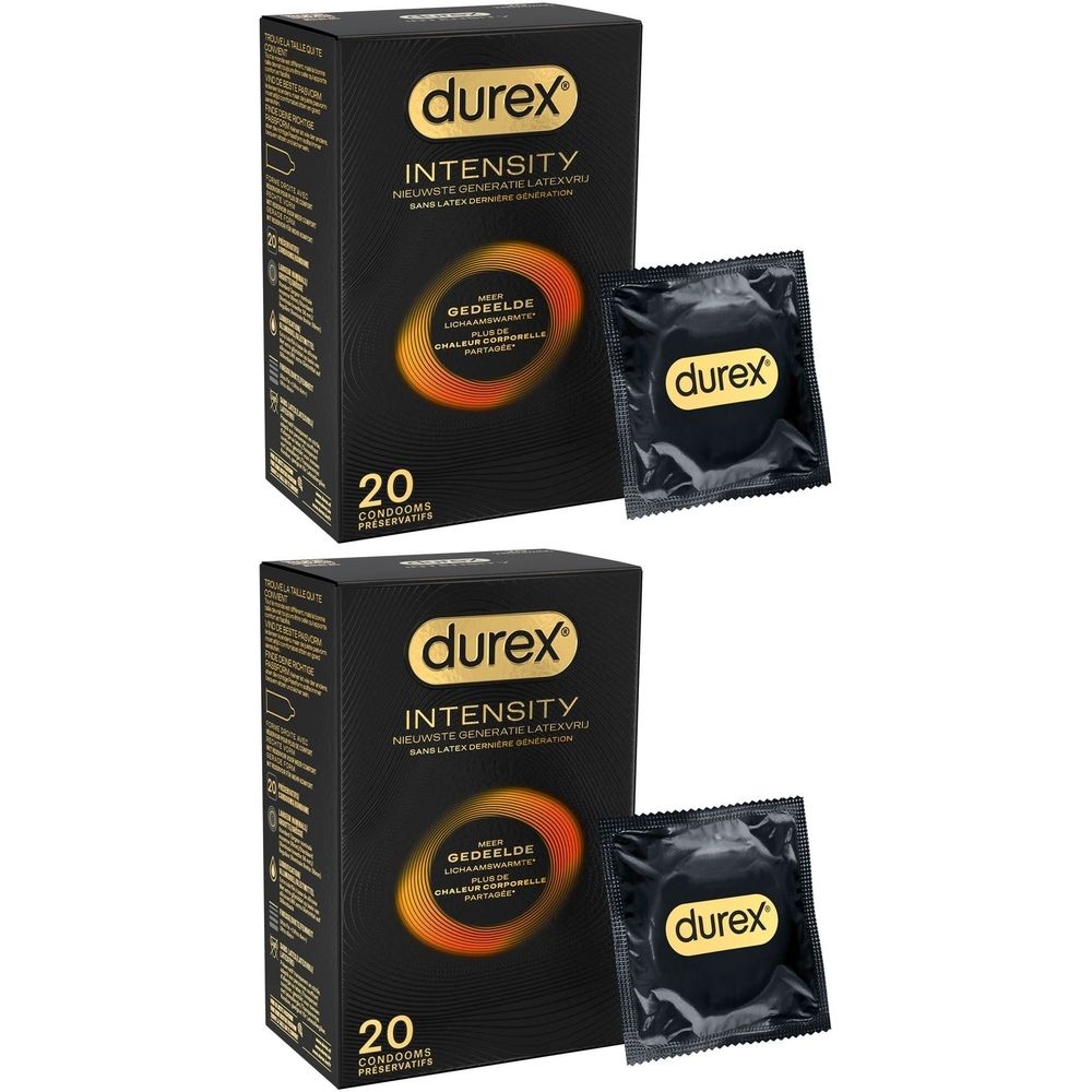 Twee pakken Durex Intensiteit condooms, elk met 20 stuks. Eén individueel condoom is zichtbaar.