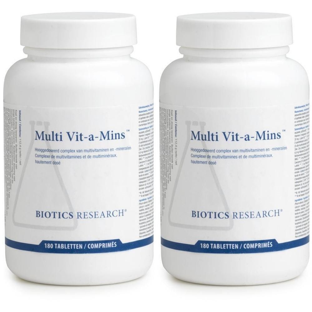 Deux bouteilles de Biotics Research Multi Vit-a-Mins, 180 comprimés par bouteille.