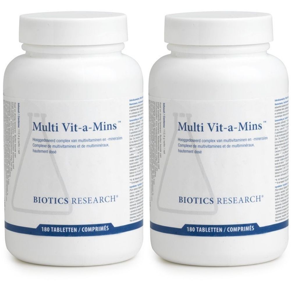 Twee flessen Biotics Research Multi Vit-a-Mins, 180 tabletten per fles.