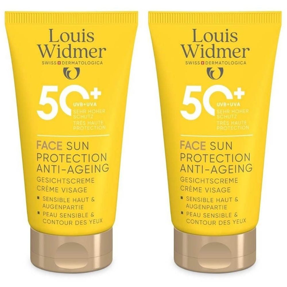 Deux tubes jaunes Louis Widmer. Inscription: Face Sun Protection Anti-Aging, SPF 50+. Peau sensible & contour des yeux.