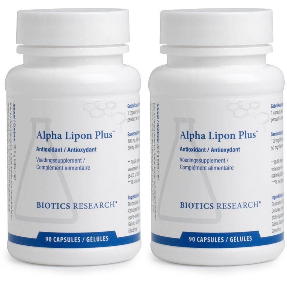 Deux contenants blancs de capsules Alpha Lipon Plus. Chaque bouteille contient 90 capsules.