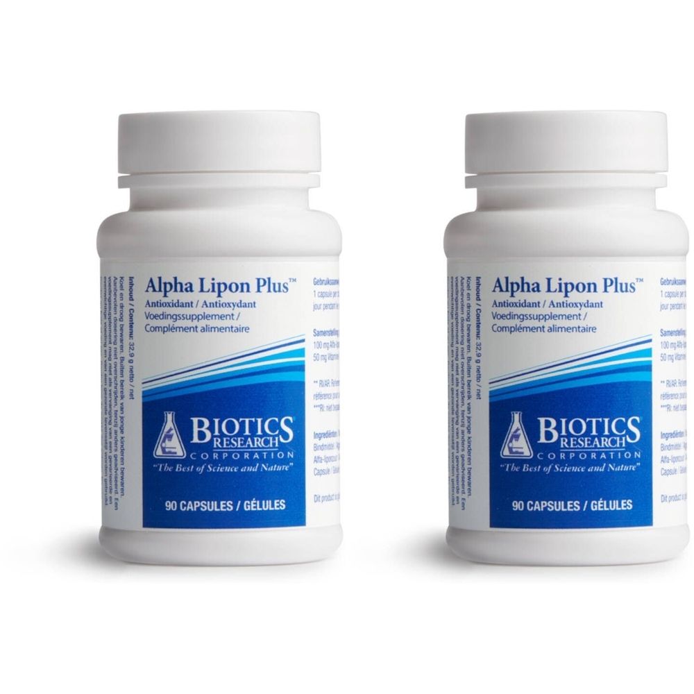 Twee witte containers met Alpha Lipon Plus capsules. Elke fles bevat 90 capsules.