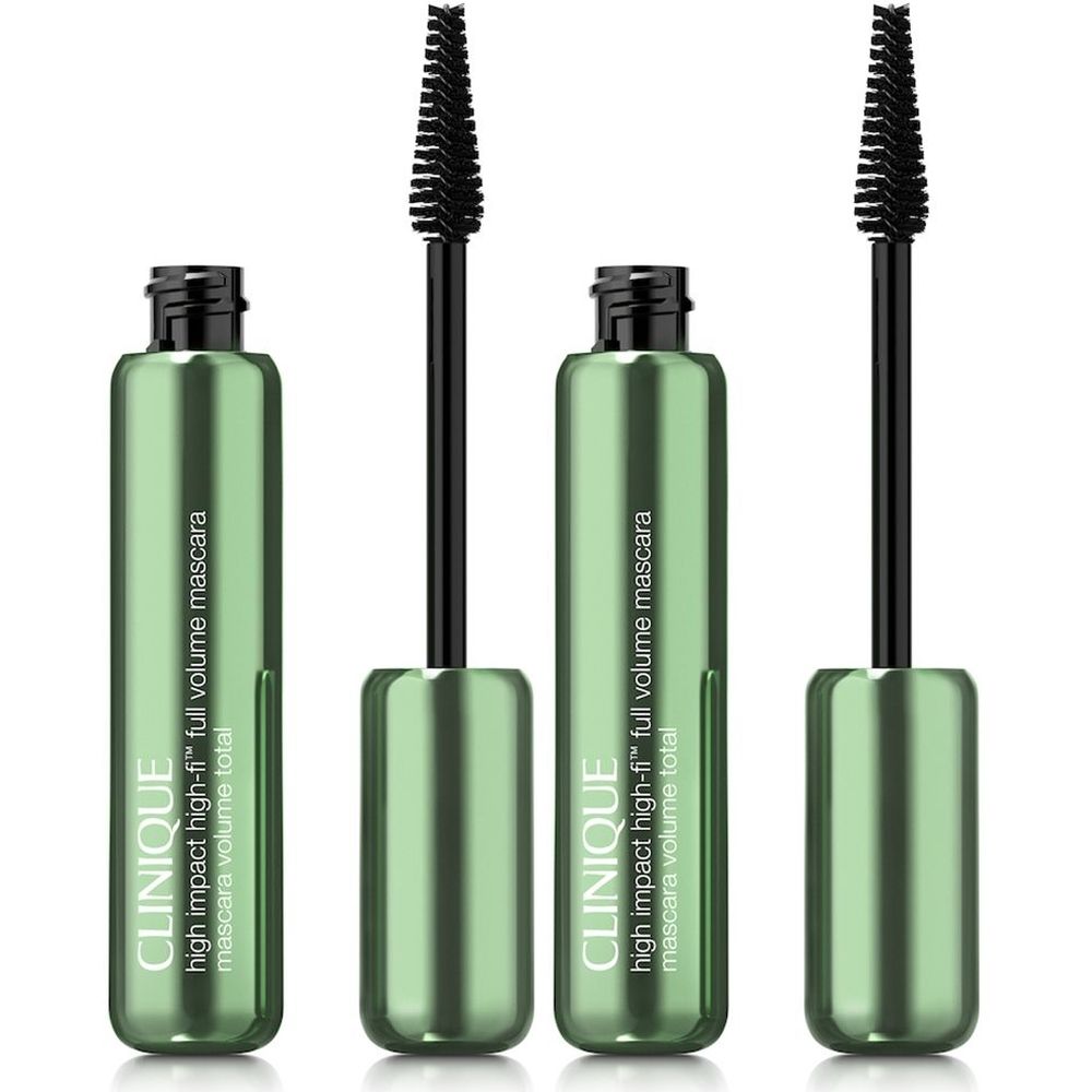 Grüne Mascarahülsen mit schwarzer Bürste. Aufschrift: Clinique High Impact High-Fi™ Full Volume Mascara. Mascara Volume Total.