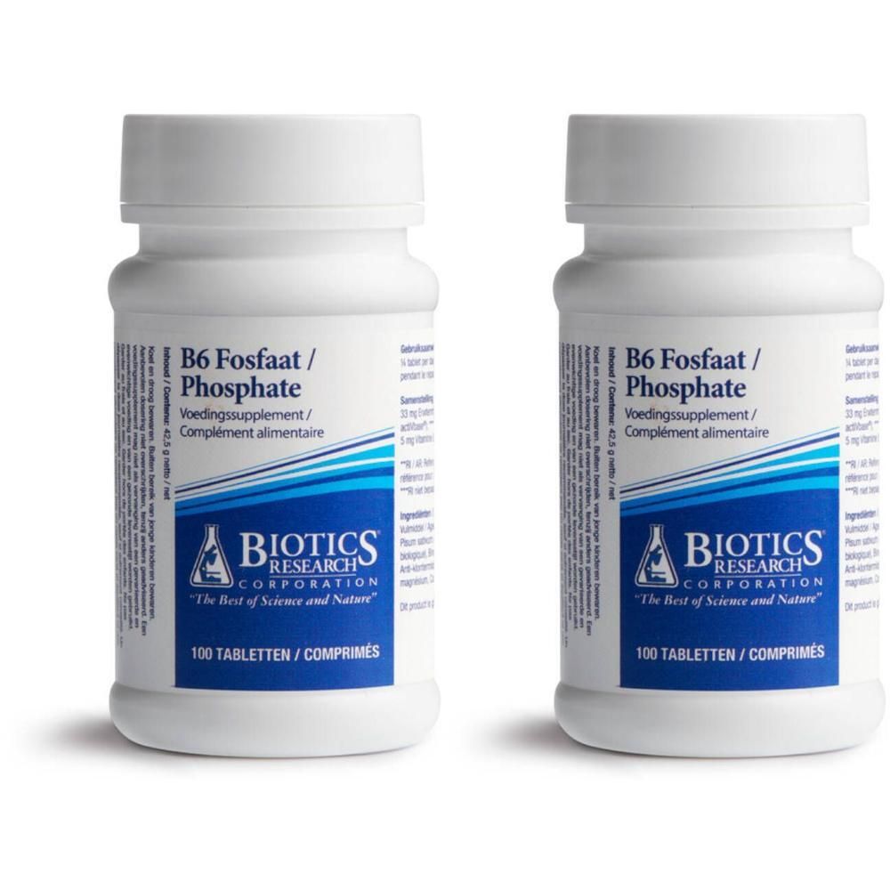 Deux flacons blancs avec bouchons à vis. Inscription : B6 Fosfaat / Phosphate, Voedingssupplement / Complément alimentaire. Logo : Biotics Research.