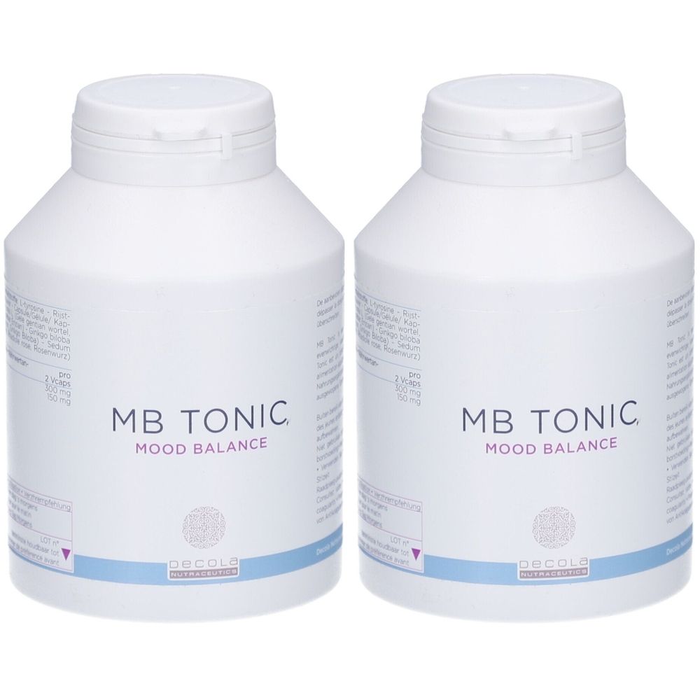 Twee witte flessen met doppen. Opschrift: MB TONIC MOOD BALANCE. Daaronder Decola Dermatologica.