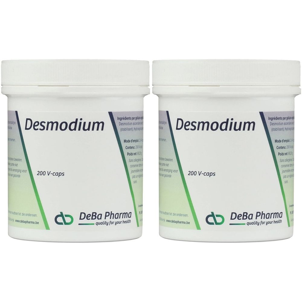 Deux pots blancs avec l'inscription "Desmodium" et "200 V-caps". Logo DeBa Pharma. Étiquettes vertes et blanches.