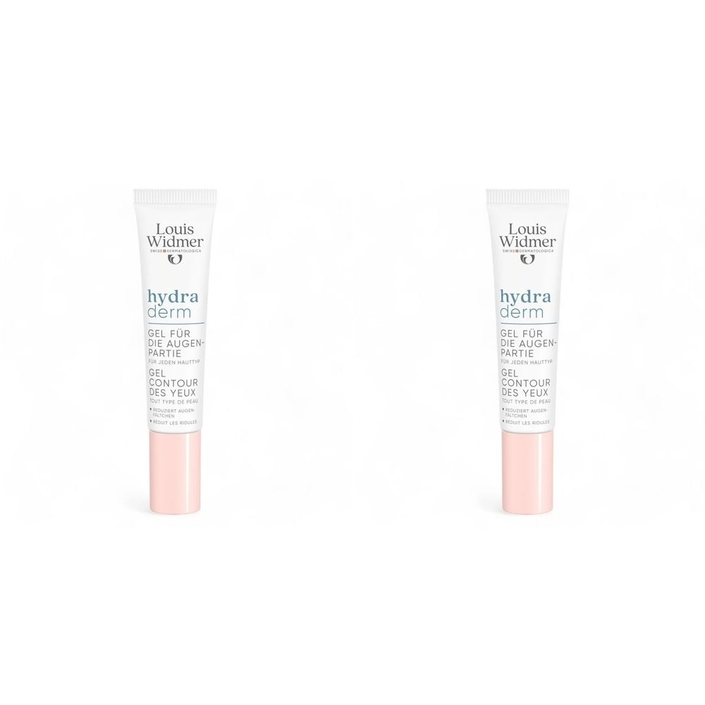 Twee tubes Louis Widmer Hydraderm Gel. Witte tubes met roze dop. Opschrift: hydra derm, Gel voor de oogcontour.