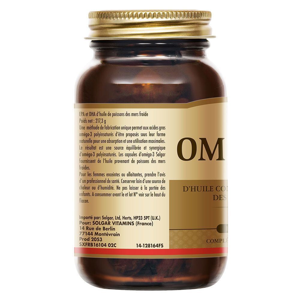 Flacon en verre brun avec bouchon doré. Dos avec informations produit et adresse fabricant. Inscription : Oméga-3.
