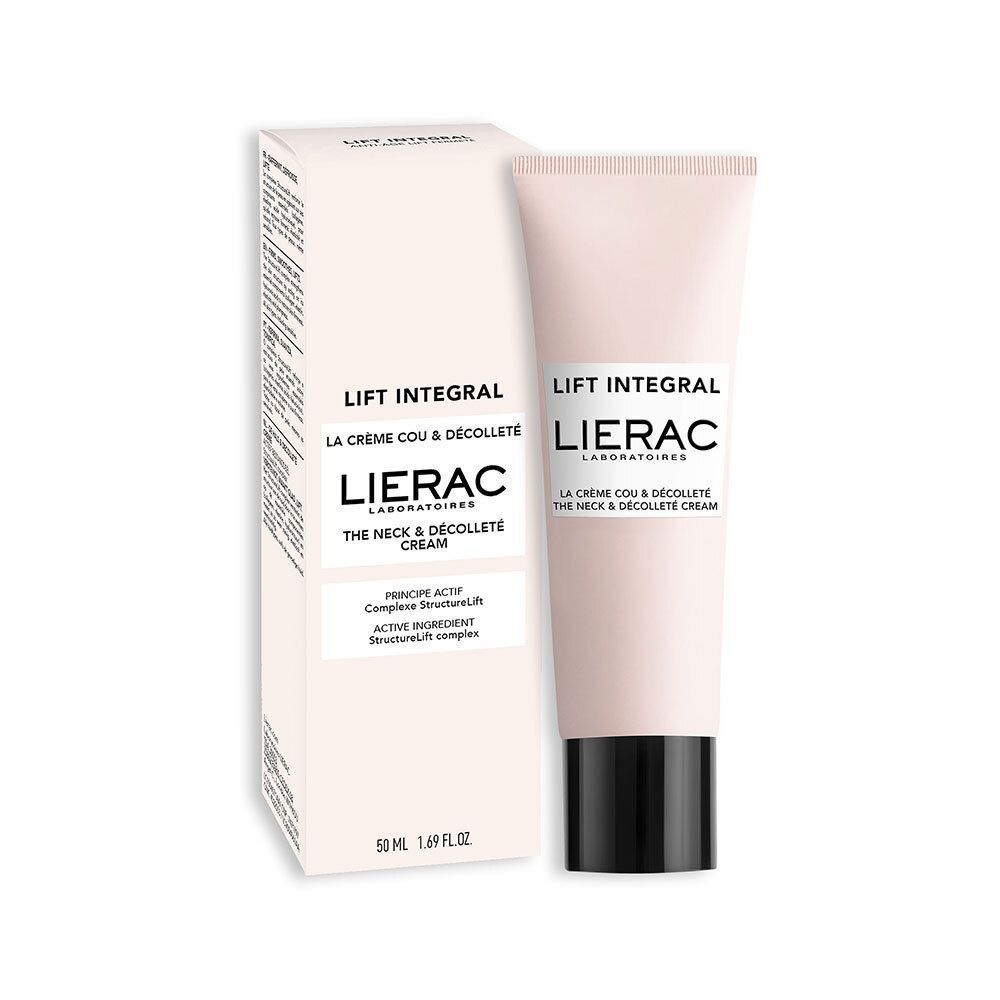 Tube rose avec bouchon noir et emballage. Inscription : Lierac Lift Integral, La Crème Cou & Décolleté.