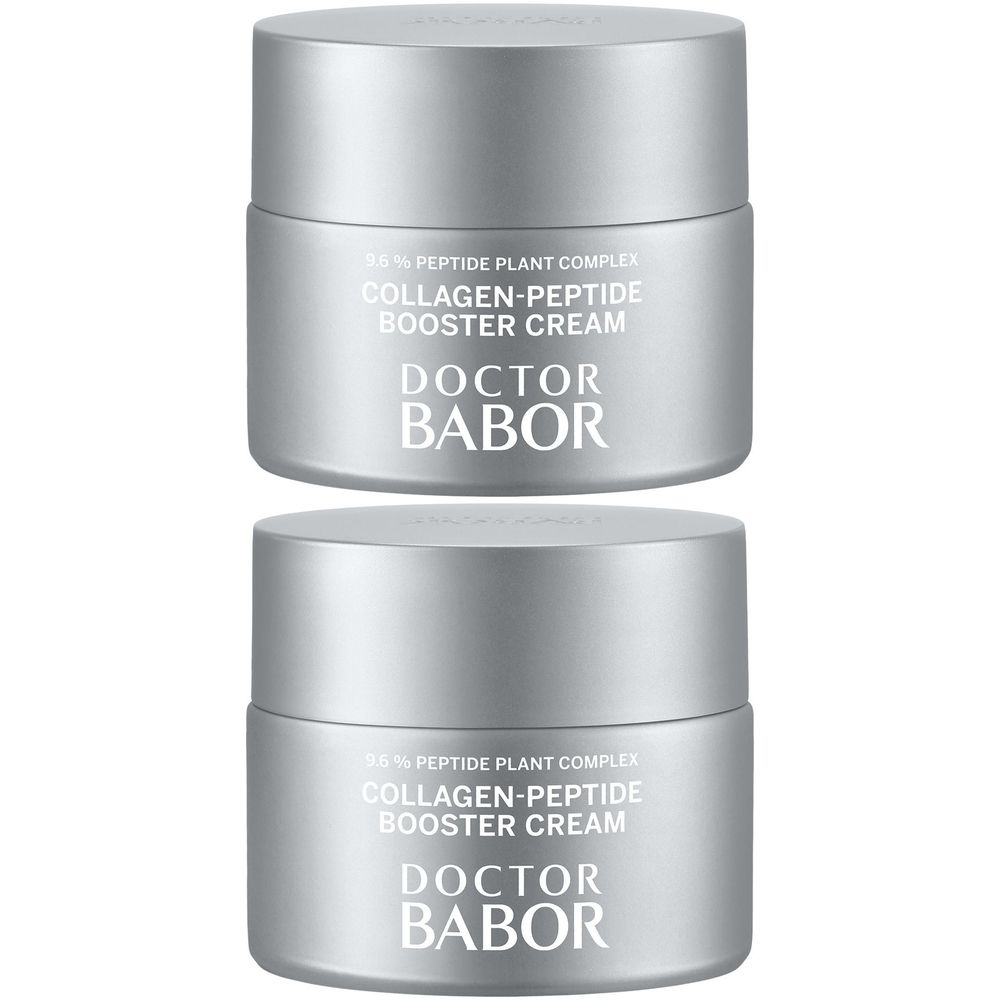 Zwei silberne Tiegel mit Doctor BABOR Kollagen-Peptide Booster Cream.