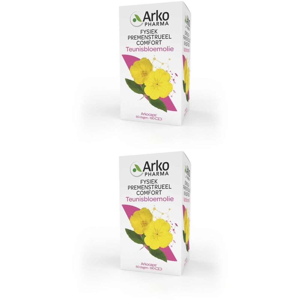 Twee dozen met capsules. Witte dozen met productinformatie en Arkopharma-logo.