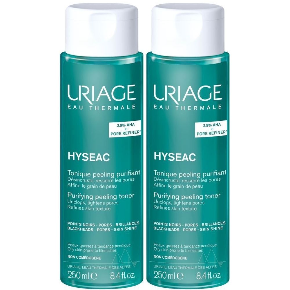 Twee flessen Uriage Hyseac Tonique Peeling Purifiant. Turquoise vloeistof, witte dop. Tekst: 2.9% AHA + Pore Refiner.