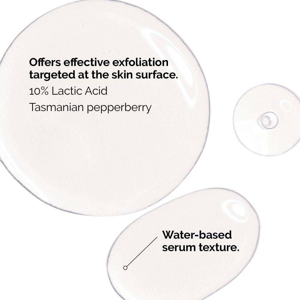 Tropfen einer Flüssigkeit. Text: 10% Lactic Acid, Tasmanian pepperberry. Text: Water-based serum texture.