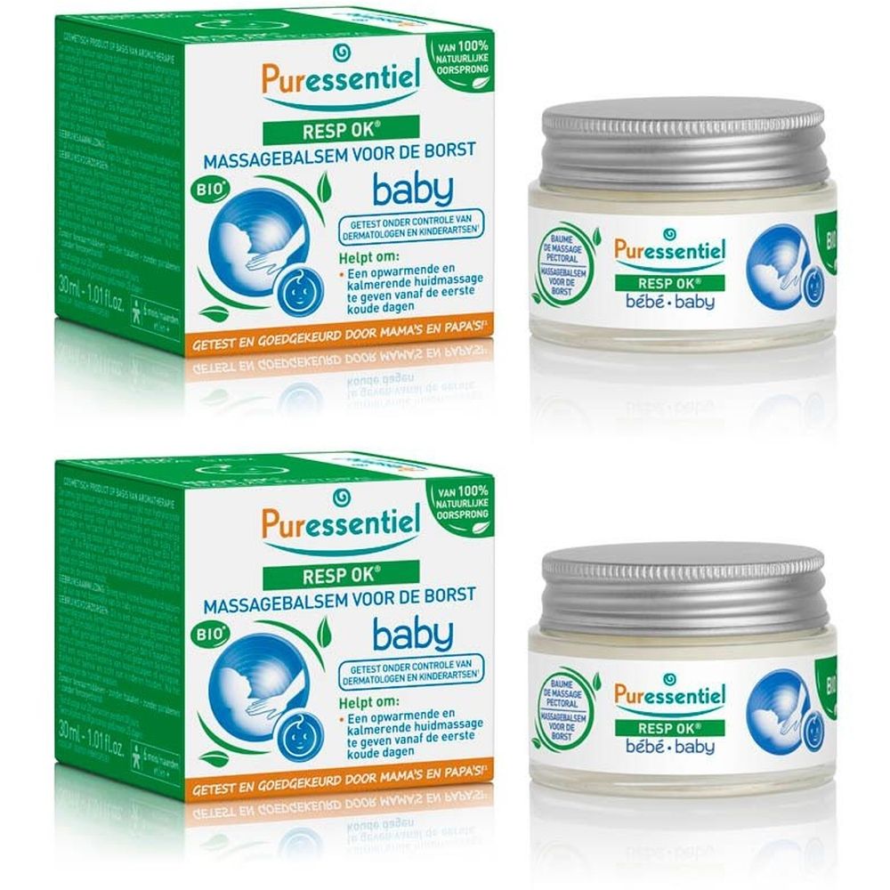 Twee dozen en twee potjes. Op de dozen staat "Puressentiel RESP OK Massagebalsem voor de borst baby". Op de potjes staat "RESP OK bébé-baby".