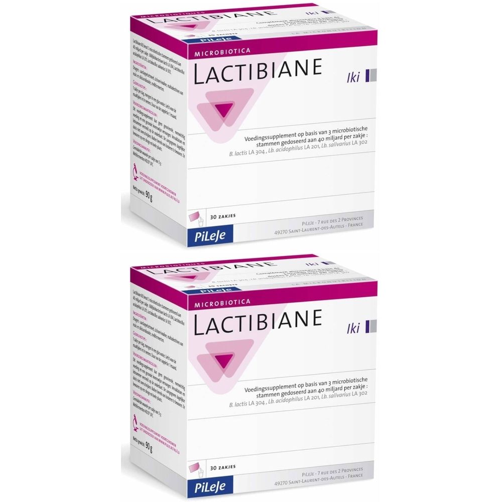 Twee dozen LACTIBIANE Iki. Witte dozen met roze logo en tekst. Opschrift: Microbiotica, 30 sachets.