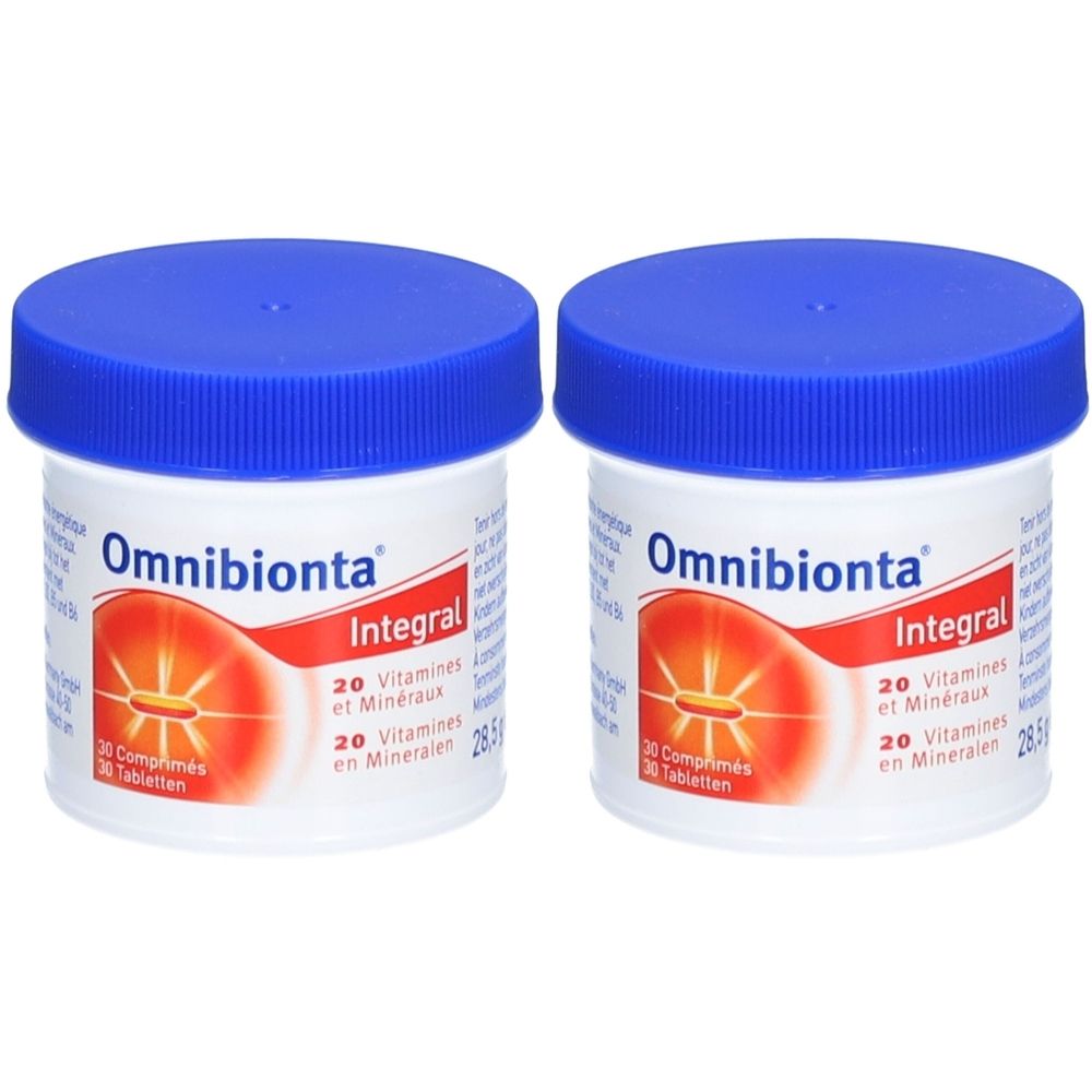 Twee witte potten met blauwe deksel. Opschrift Omnibionta Integral, 20 vitaminen en mineralen. 30 tabletten.
