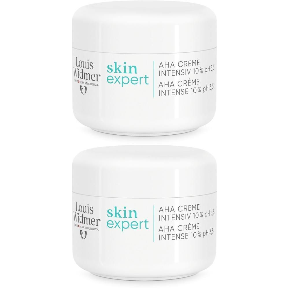 Twee witte potten met de tekst Louis Widmer skin expert AHA Crème Intensief 10% pH 3,5. Gele sticker 1+1 GRATIS.