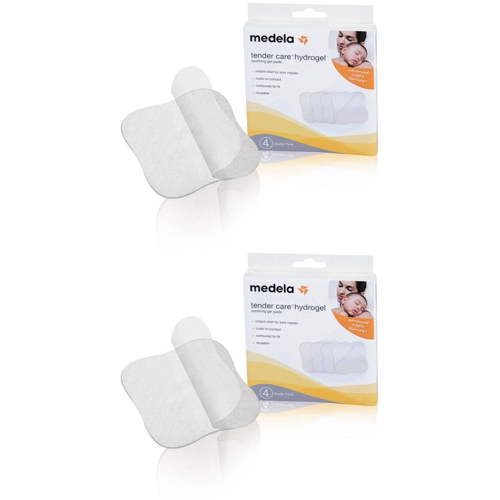 Deux paquets de coussinets hydrogel Medela Tender Care, chacun contenant quatre coussinets. Un coussinet est montré.