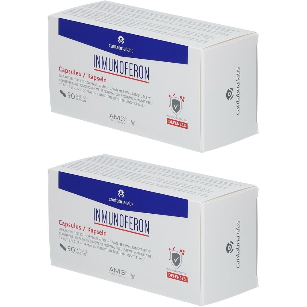 Deux boîtes blanches avec texte bleu. Inscription: INMUNOFERON, Capsules/Kapseln, 90 capsules. Logo: DEFENSES.