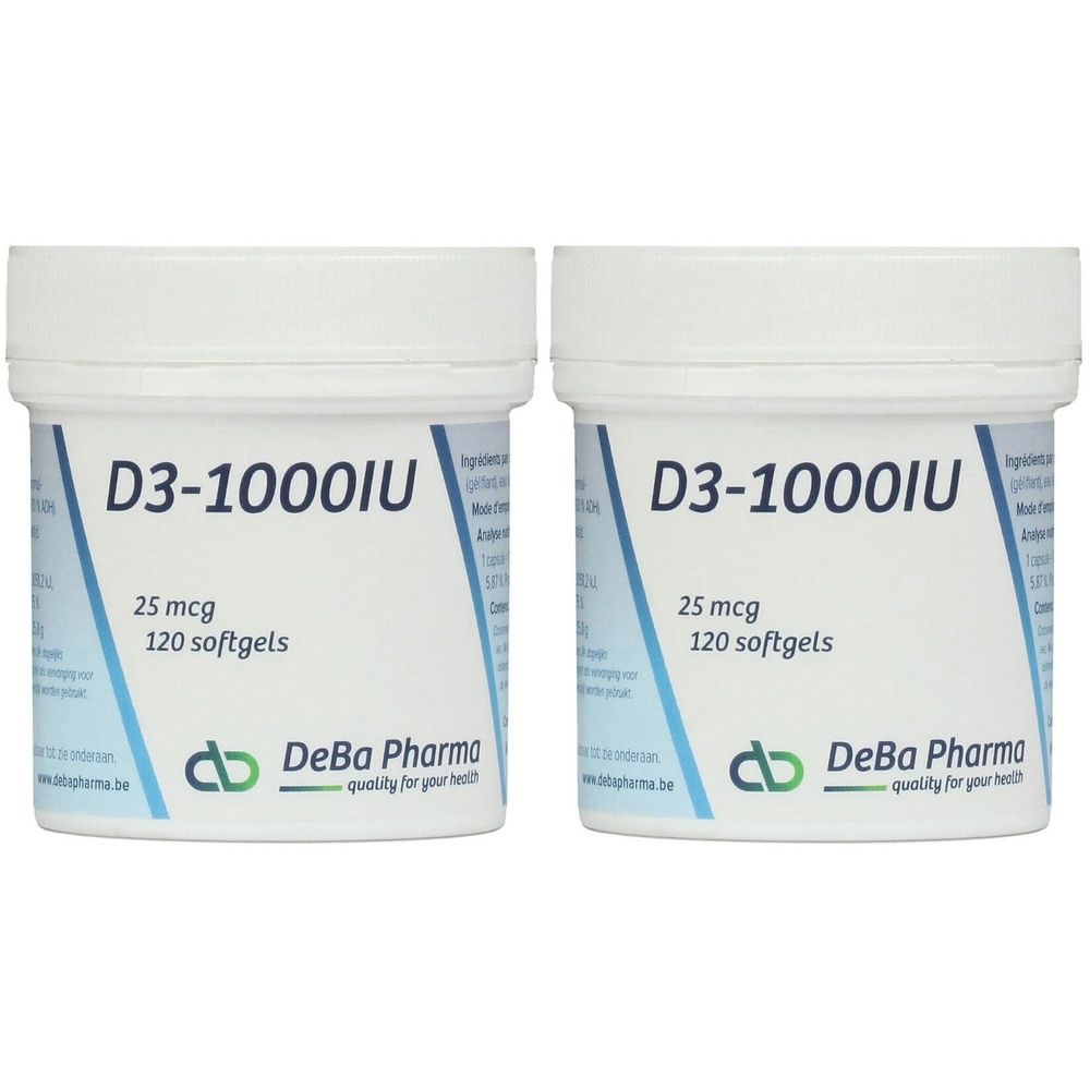 Twee witte potten met deksels. Opschrift: D3-1000IU, 25 mcg, 120 softgels. Merk: DeBa Pharma. Kwaliteit voor uw gezondheid.
