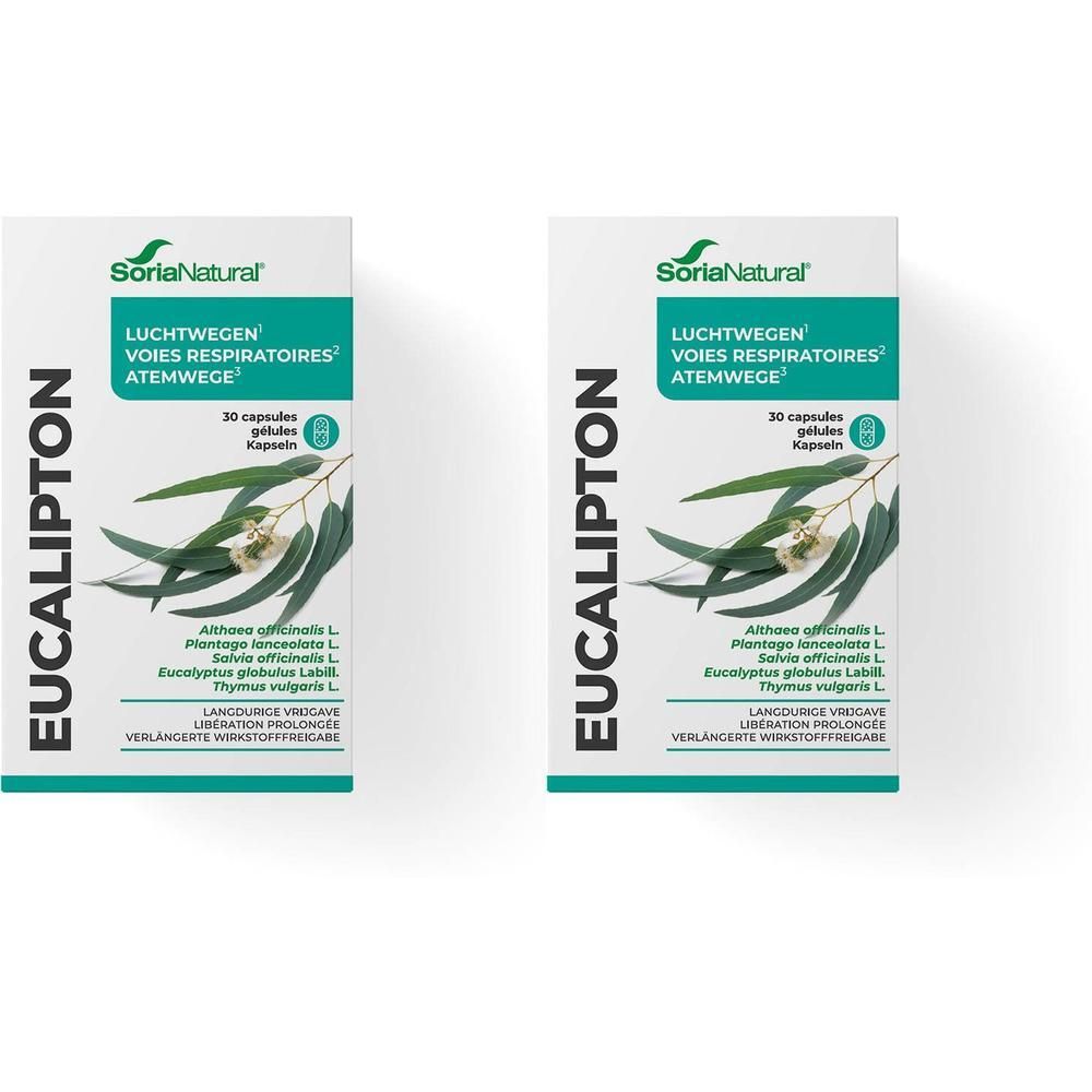 Deux boîtes de Soria Natural Eucalipton XXI. Emballage blanc avec texte vert et illustrations de feuilles et de plantes.