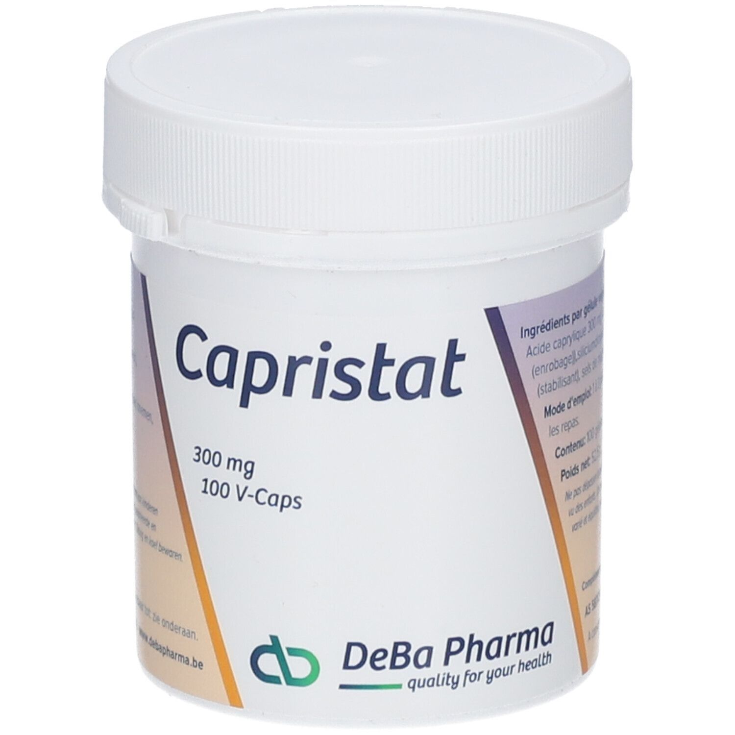 Boîte blanche avec couvercle. Inscription Capristat, 300 mg, 100 V-Caps. Logo DeBa Pharma. Texte en français. Boîte debout.