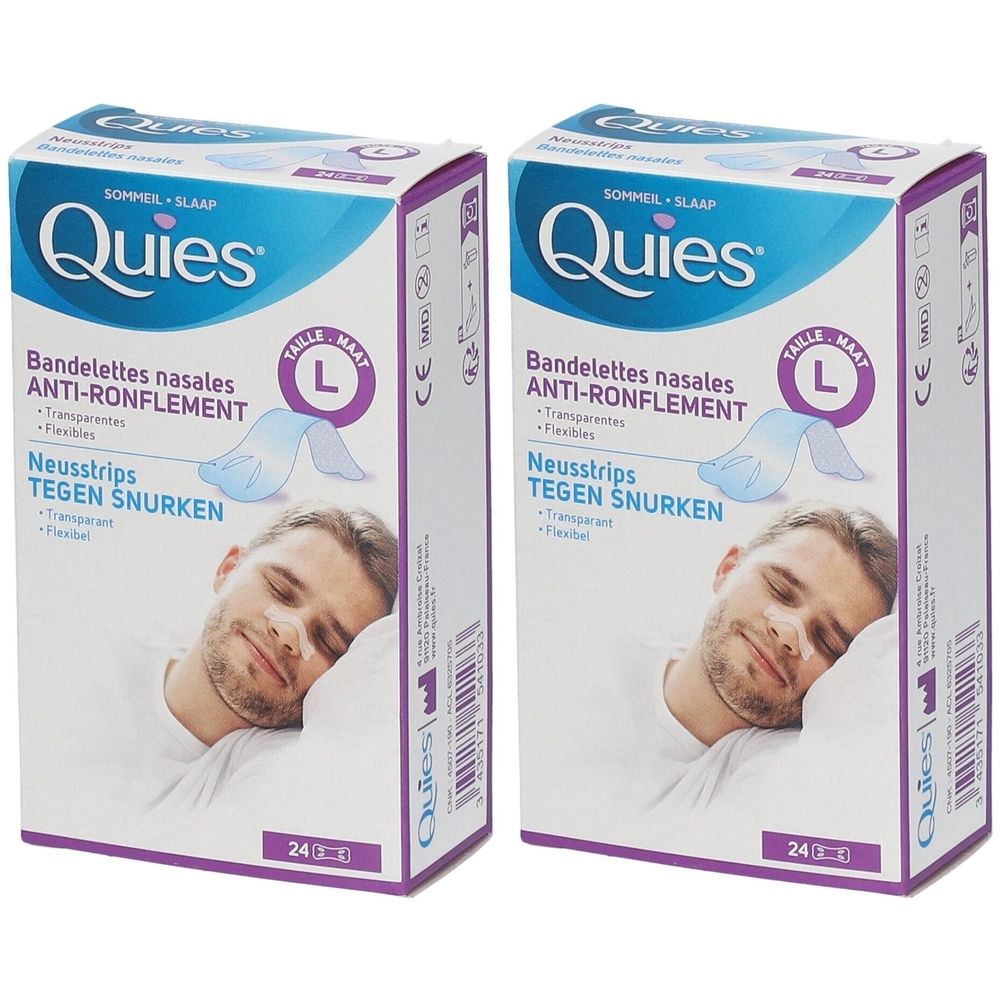 Deux paquets de patchs nasaux Quies anti-ronflement, taille L.