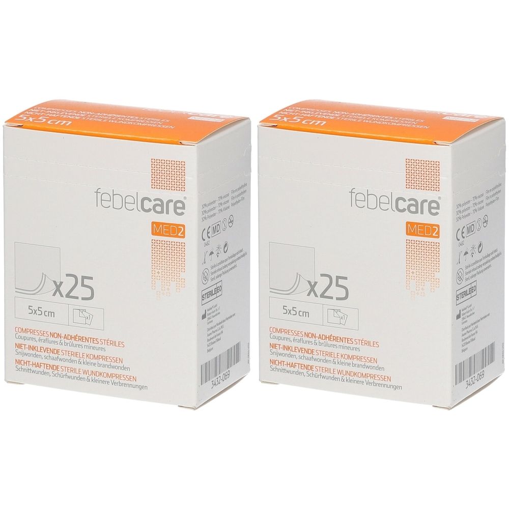 Deux paquets de Febelcare MED2 compresses stériles, 5x5cm, 25 pièces.