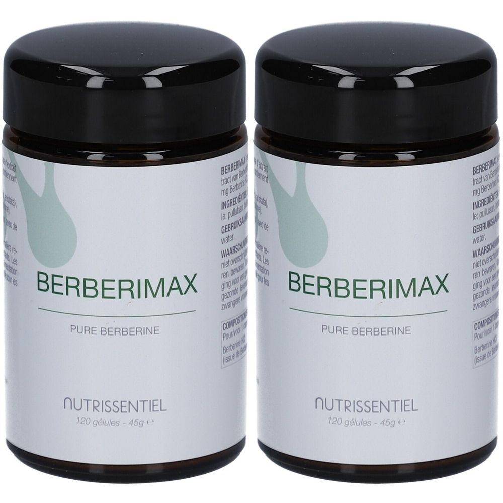 Twee potten Nutrissentiel® Berberimax. Witte etiketten, zwarte deksels. Tekst: Berberimax, Pure Berberine, 120 capsules.