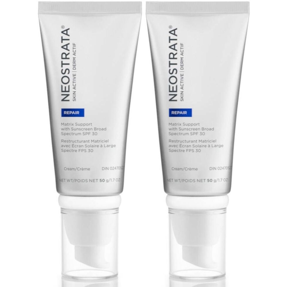 Twee tubes NeoStrata Skin Active Derm Actif Matrix Support SPF30. Witte tubes met blauwe tekst. 50g.