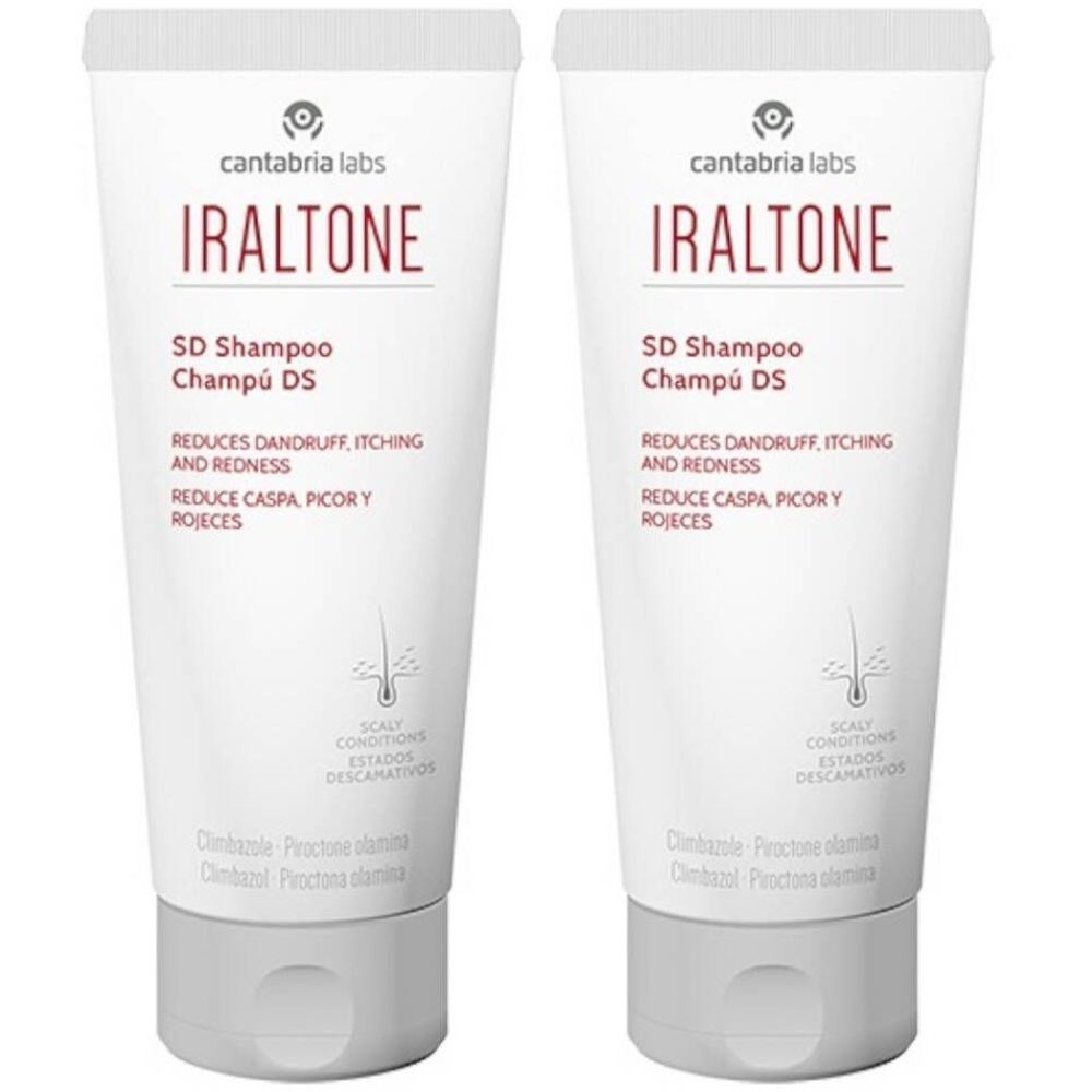 Zwei weiße Tuben mit roter Schrift. Aufschrift: IRALTONE SD Shampoo. Reduziert Schuppen, Juckreiz und Rötungen. Von Cantabria Labs.