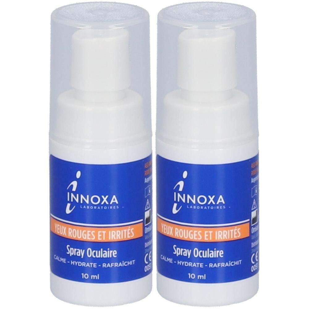 Zwei weiße Sprühflaschen mit blauen Etiketten. Aufschrift: Innoxa, Augen-Spray, 10 ml. Klare Schutzkappen.
