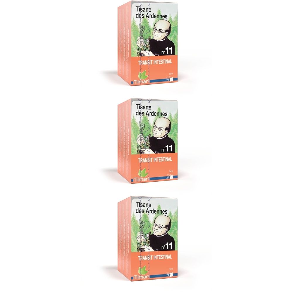 Trois boîtes oranges avec des inscriptions. Sur chaque boîte : "Tisane des Ardennes", "Transit Intestinal" et une illustration.