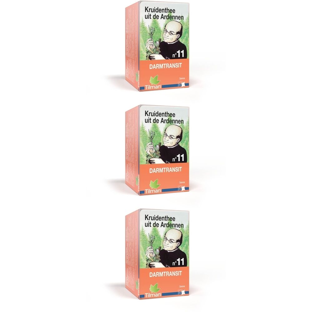Drie oranje dozen met opschriften. Op elke doos: "Kruidenthee uit de Ardennen", "Darmtransit" en een afbeelding.