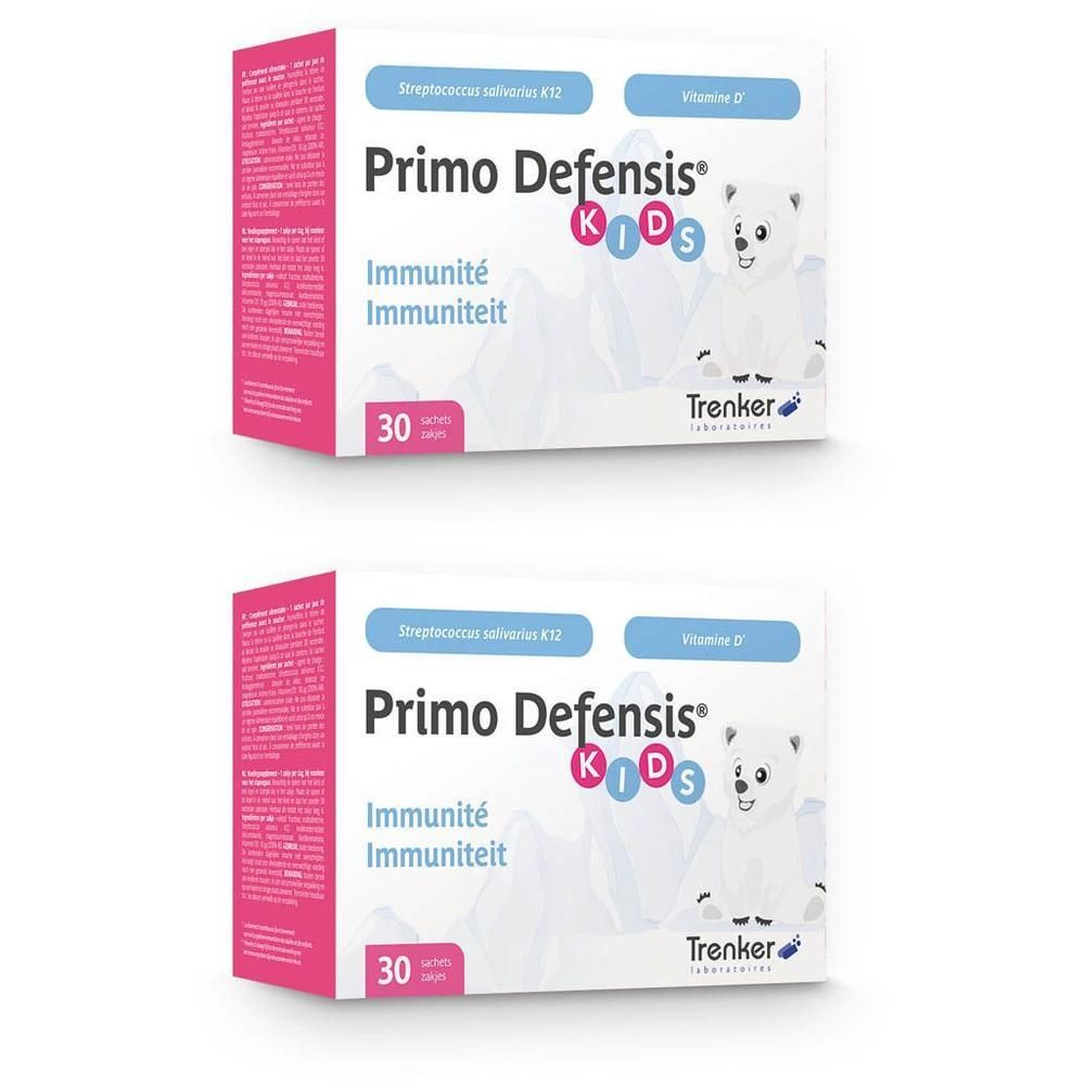 Twee verpakkingen Primo Defensis Kids. Witte dozen met productnaam, logo en informatie. 30 sachets.