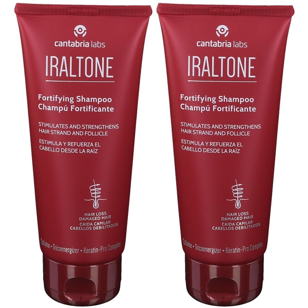 Zwei rote Tuben mit IRALTONE Stärkendes Shampoo. Text: Fortifying Shampoo, Stimulates and Strengthens Hair Strand and Follicle.