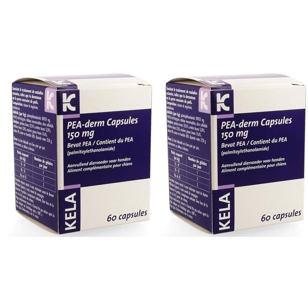 Zwei Schachteln KELA PEA-derm Kapseln 150 mg. Lila und weißes Design. Enthält 60 Kapseln.