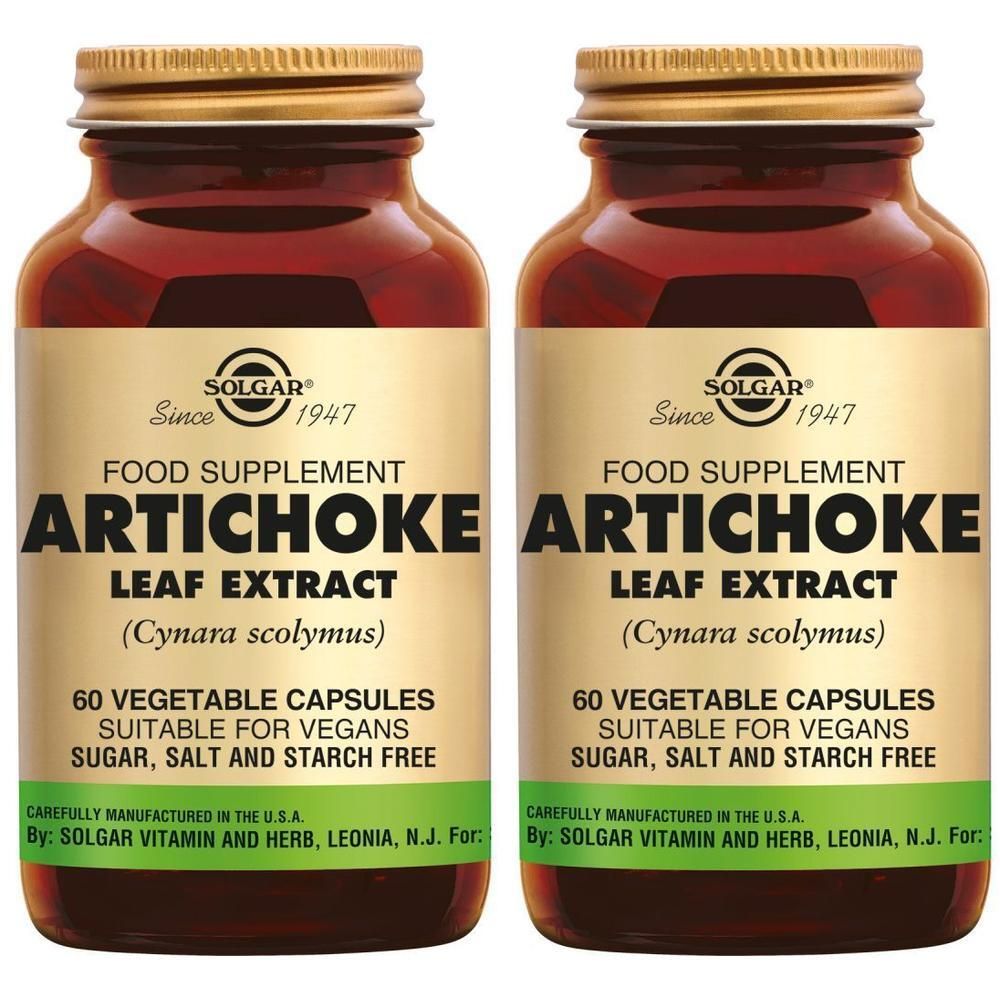 Twee flessen SOLGAR Artisjokblad Extract. Bruine glazen flessen met gouden doppen en etiketten. 60 capsules.
