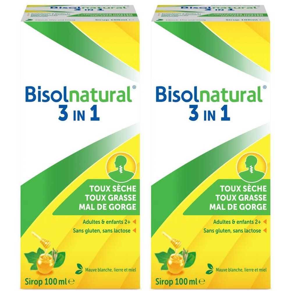 Deux flacons de sirop Bisolnatural 3 en 1, 100ml chacun, pour toux sèche et mal de gorge.