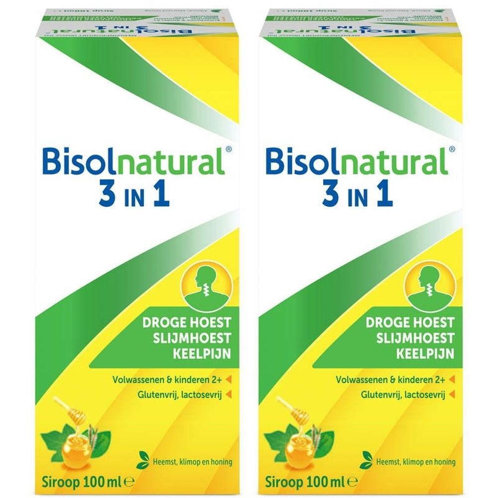 Twee pakken Bisolnatural 3 in 1 hoestsiroop, 100ml per stuk, voor droge hoest en keelpijn.