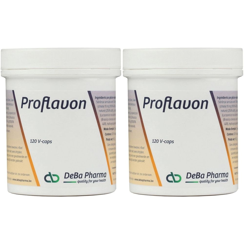 Twee witte potten met "Proflavon" en "120 V-caps". Logo DeBa Pharma. Product zichtbaar.