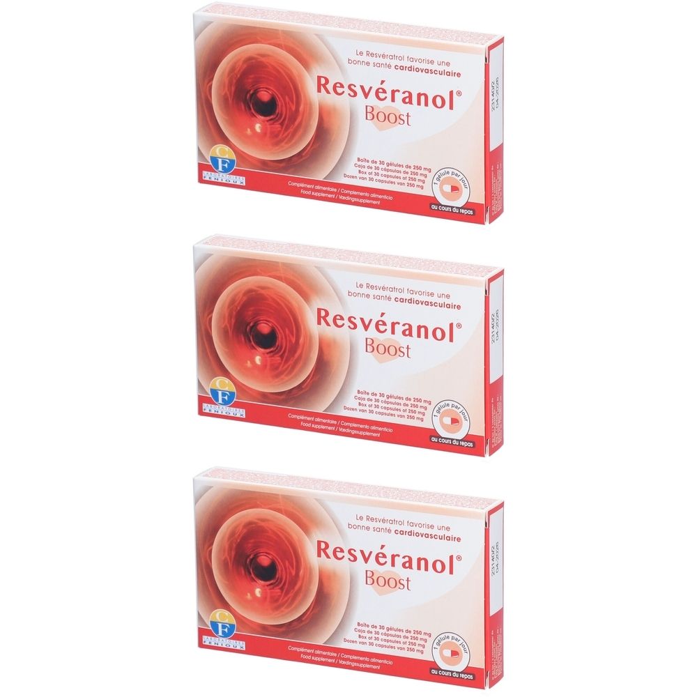 Trois boîtes de Resvéranol® Boost. Emballage blanc avec design rouge. Texte: Resvéranol® Boost et autres textes en français.