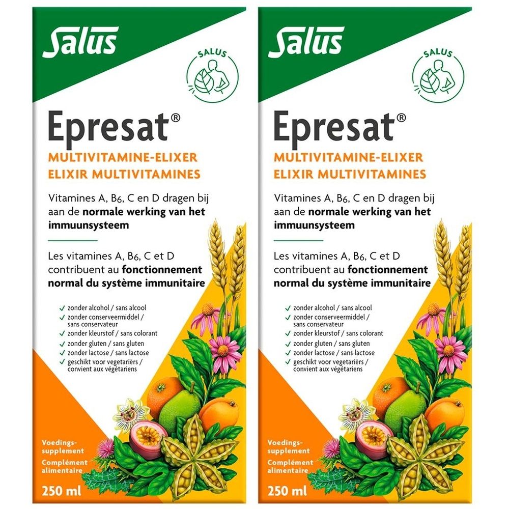 Twee flessen Salus Epresat Multivitamine Elixir met verpakking. Bruine glazen flessen met gouden dop. Bedrukking met productnaam en ingrediënten.