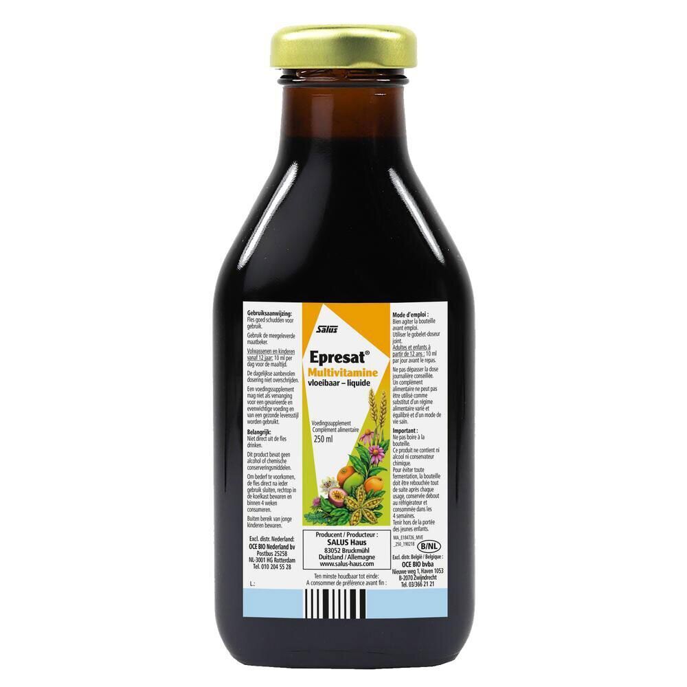 Flacon en verre brun Salus Epresat Multivitamine Elixir. Bouchon doré. Étiquette avec nom du produit et ingrédients. 250 ml.