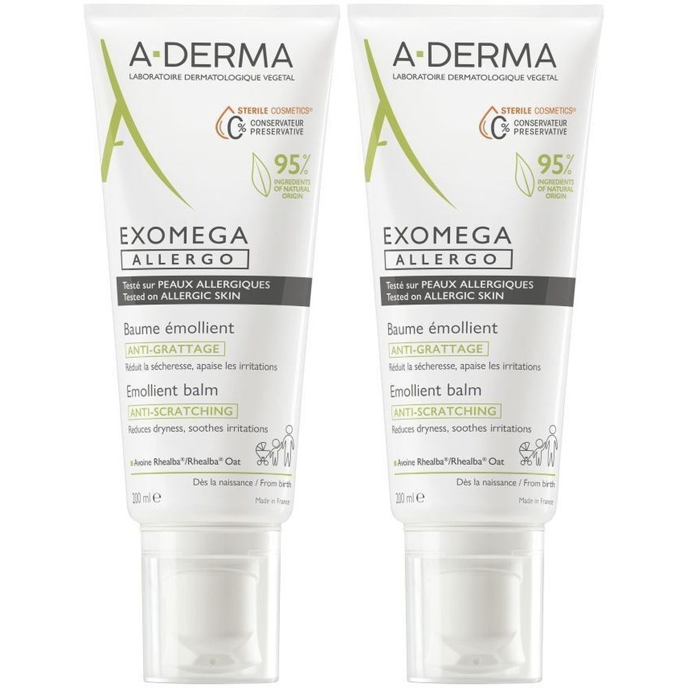 Twee tubes A-DERMA EXOMEGA ALLERGO balsem. Witte tubes met groene en zwarte tekst. Opschrift: EXOMEGA ALLERGO, Baume émollient.