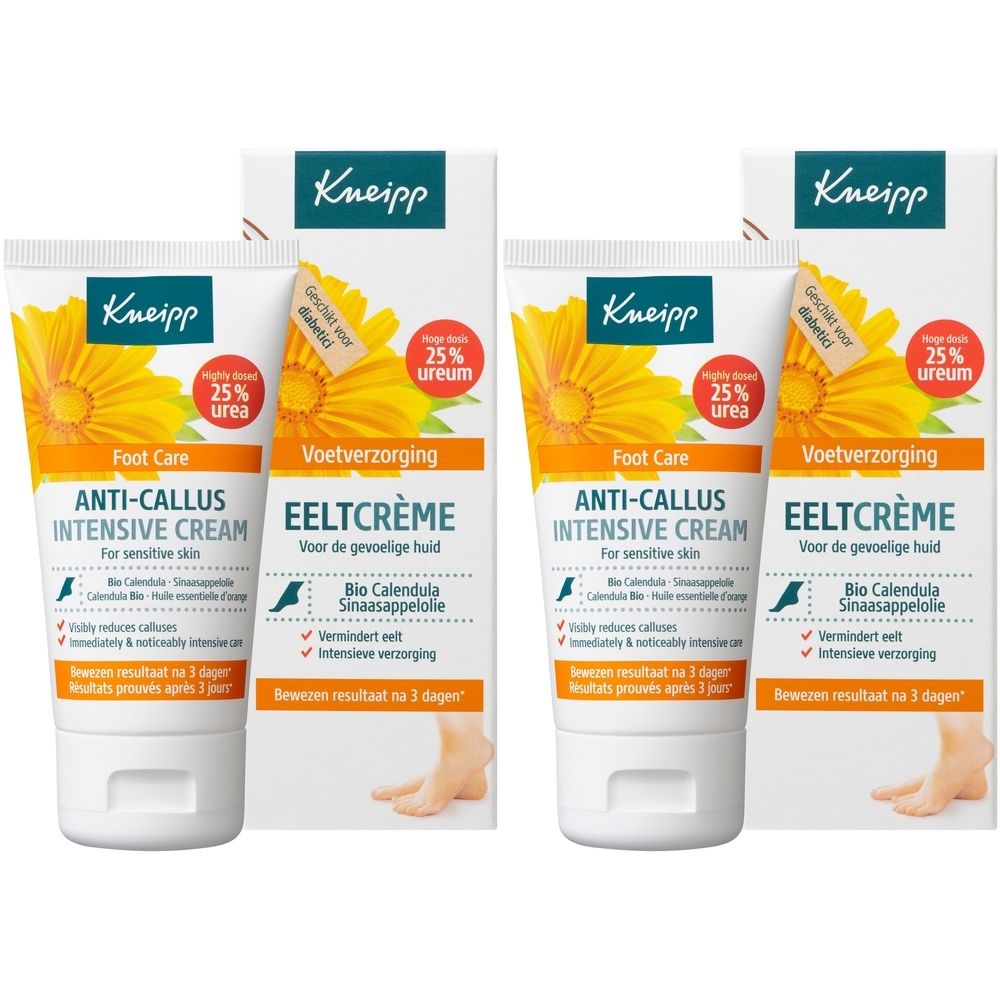 Twee tubes Kneipp® Anti-Callus Intensive Cream met verpakking. Witte tubes, oranje etiketten. Tekst: 25% ureum.