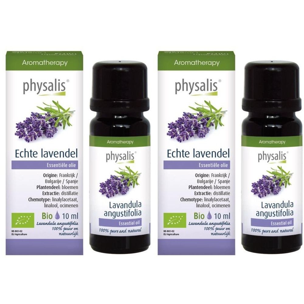 Vier flessen met etiketten, lavendel illustratie, tekst: physalis, Echte lavendel, Bio, 10 ml.